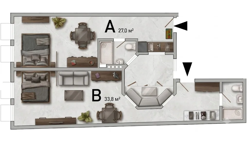 Типовой этаж (1–2): квартира A 27 м² + квартира B 33,8 м²